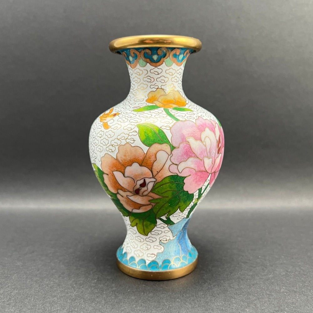 Vintage Cloisonne Vase White Floral Bird Peony Brass 5"